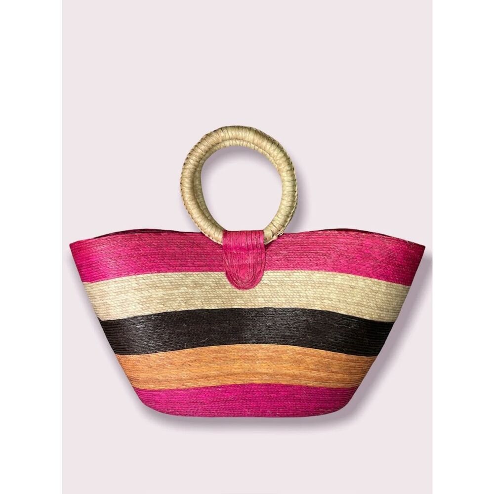 Striped Pink Straw Tote Bag with Woven Ring Handle Large